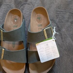 Birkenstock Olive Suede Sandals with Gold Buckles